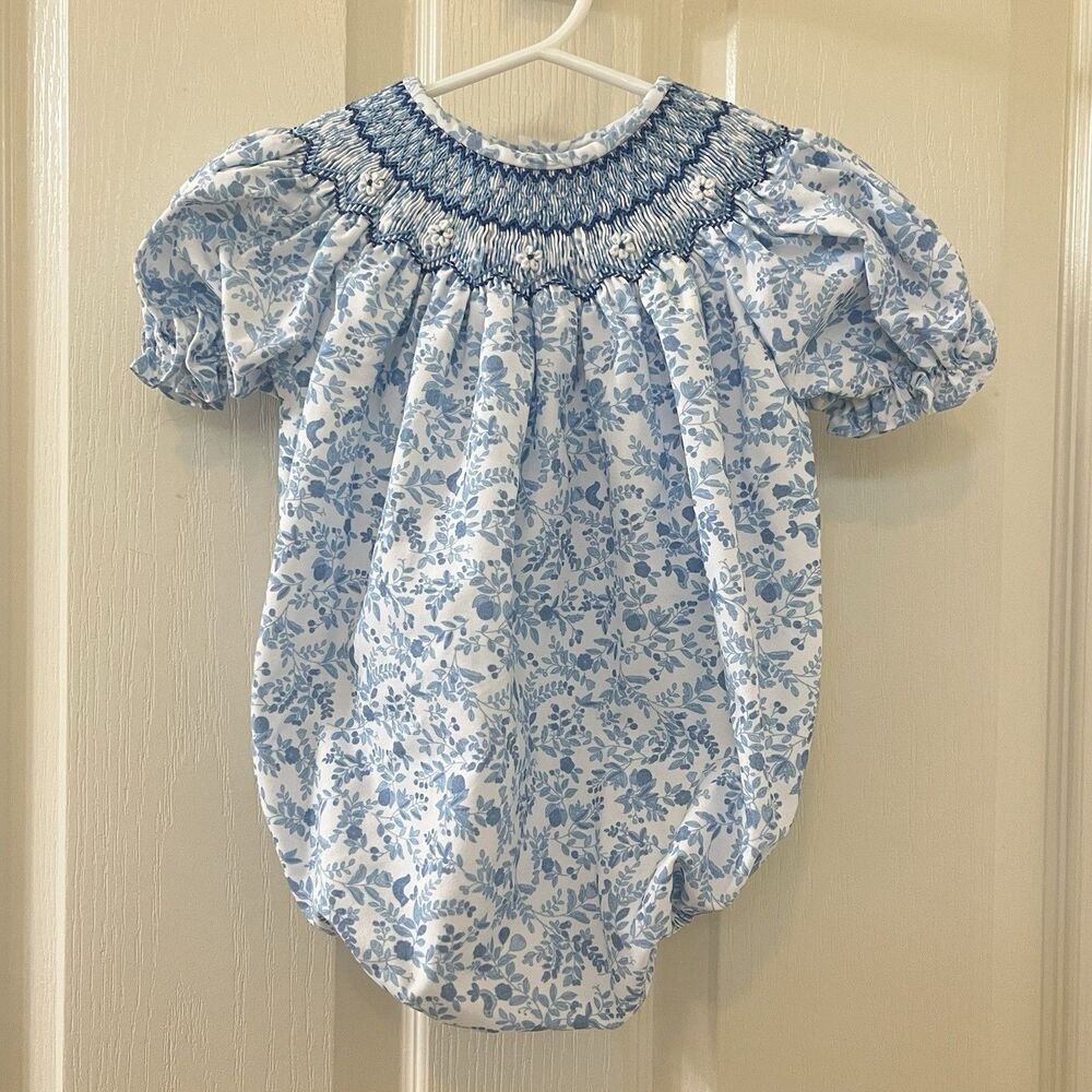Sweet Dreams Blue Floral Birds Smocked Bubble Romper Girls Size 12 Months